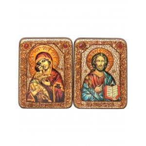Венчальная пара подарочных икон "Владимирская икона Божией Матери" и "Господь Вседержитель" на мореном дубе