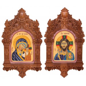 Венчальная пара рукописных икон "Казанская икона Божией Матери" и "Господь Вседержитель" на кипарисе